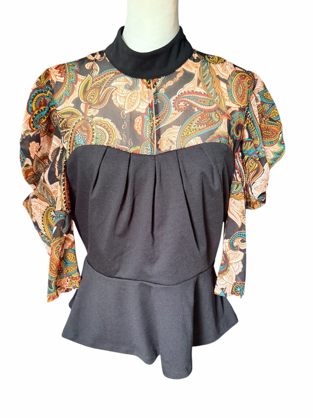 New York and Company Stretch Black 3/4 Sleeve Top Large Paisley
